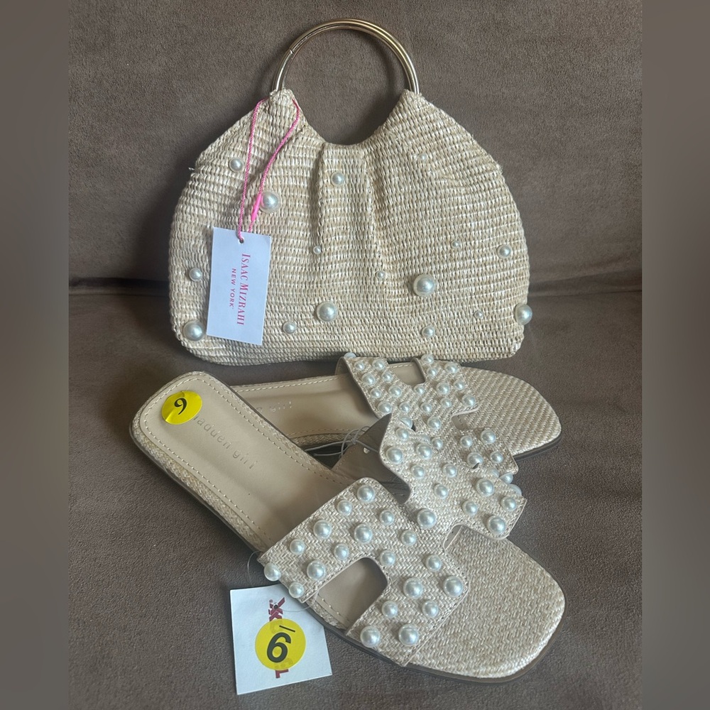 Isaac Mizrahi Cream Pearl-Embellished Straw Handbag and Slide Sandals